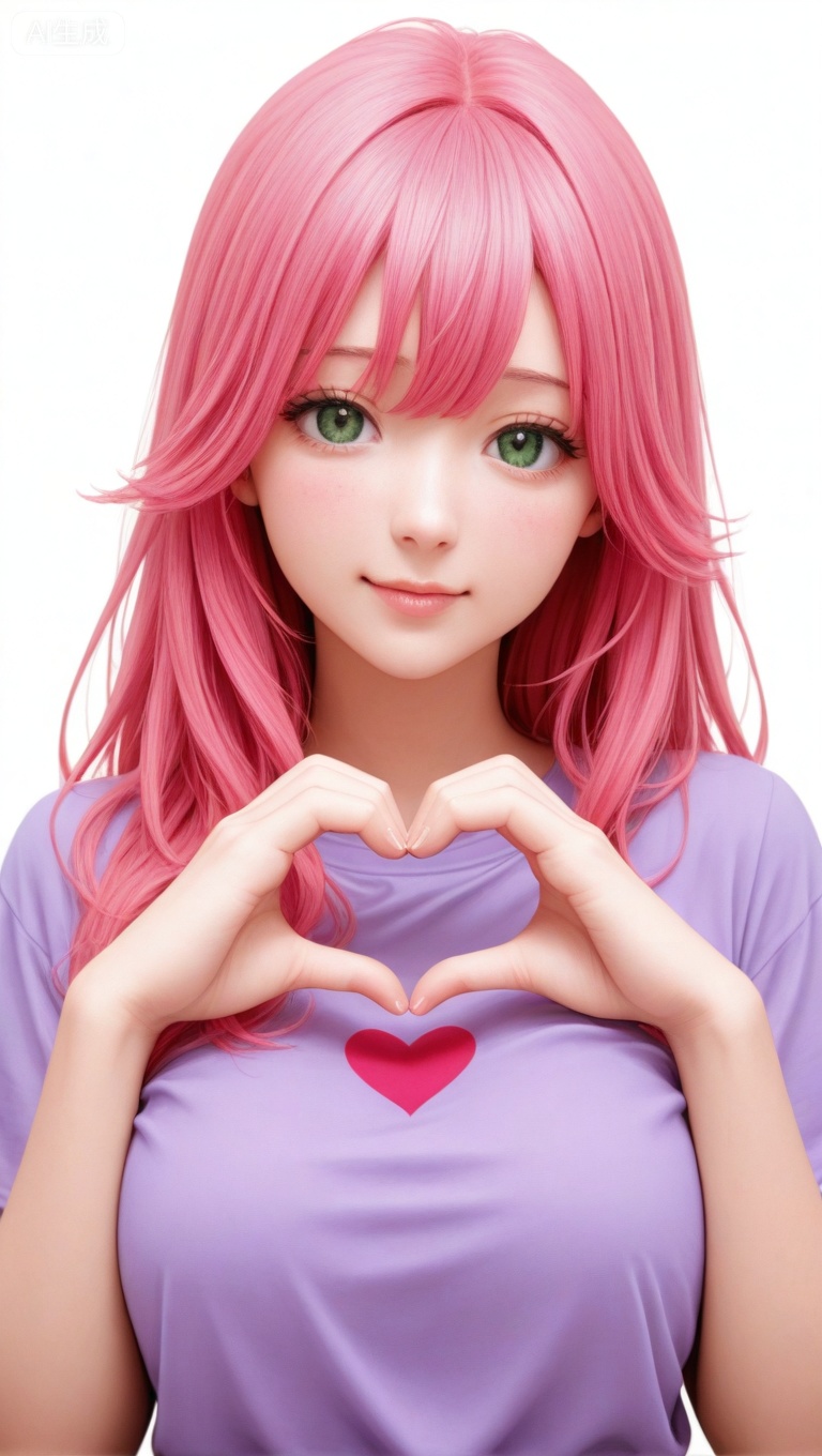 1girl, heart hands, solo, heart, green eyes, blush, white background, looking at viewer, star \(symbol\), simple background, pink hair, upper body, short sleeves, pink hair, shirt, long hair, purple shirt,

masterpiece,extremely detailed,best quality,very aesthetic


