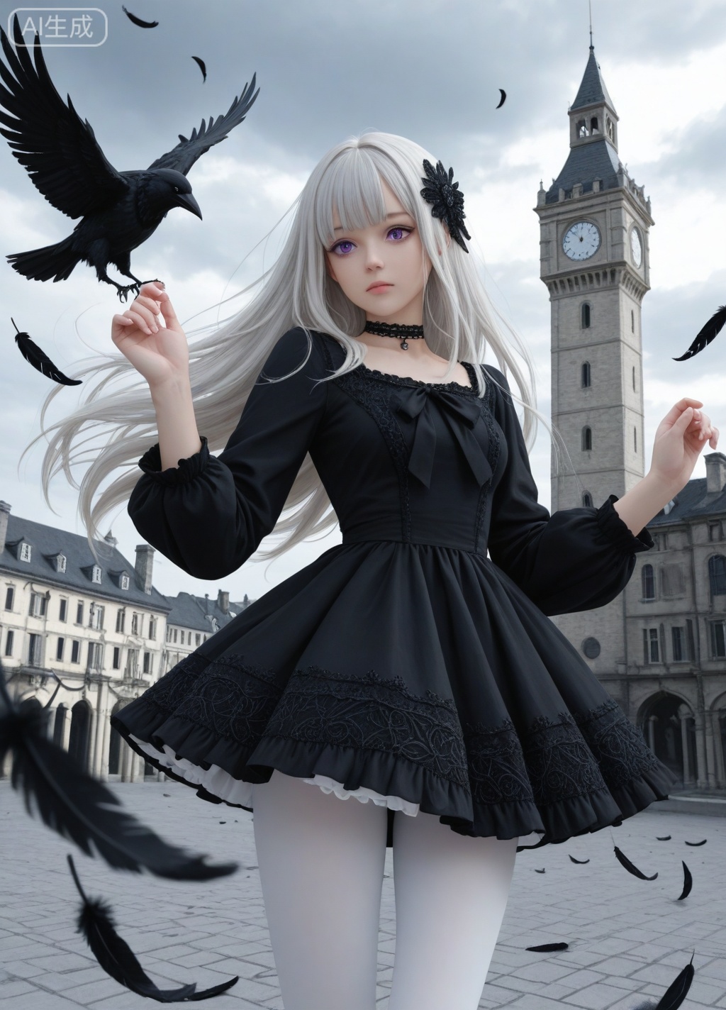 1girl, solo, long hair, looking at viewer, bangs, blue eyes, hair ornament, long sleeves, dress, closed mouth, standing, purple eyes, white hair, grey hair, pantyhose, outdoors, sky, choker, cloud, black dress, hands up, black bow, floating hair, cloudy sky, feathers, building, white pantyhose, tower, crow, black feathers, falling feathers,