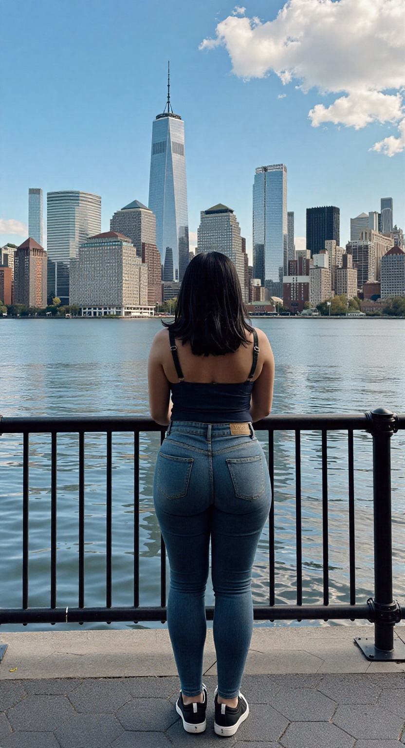 A young woman with black hair stands facing away from the camera,  looking out over a body of water toward a distant city...