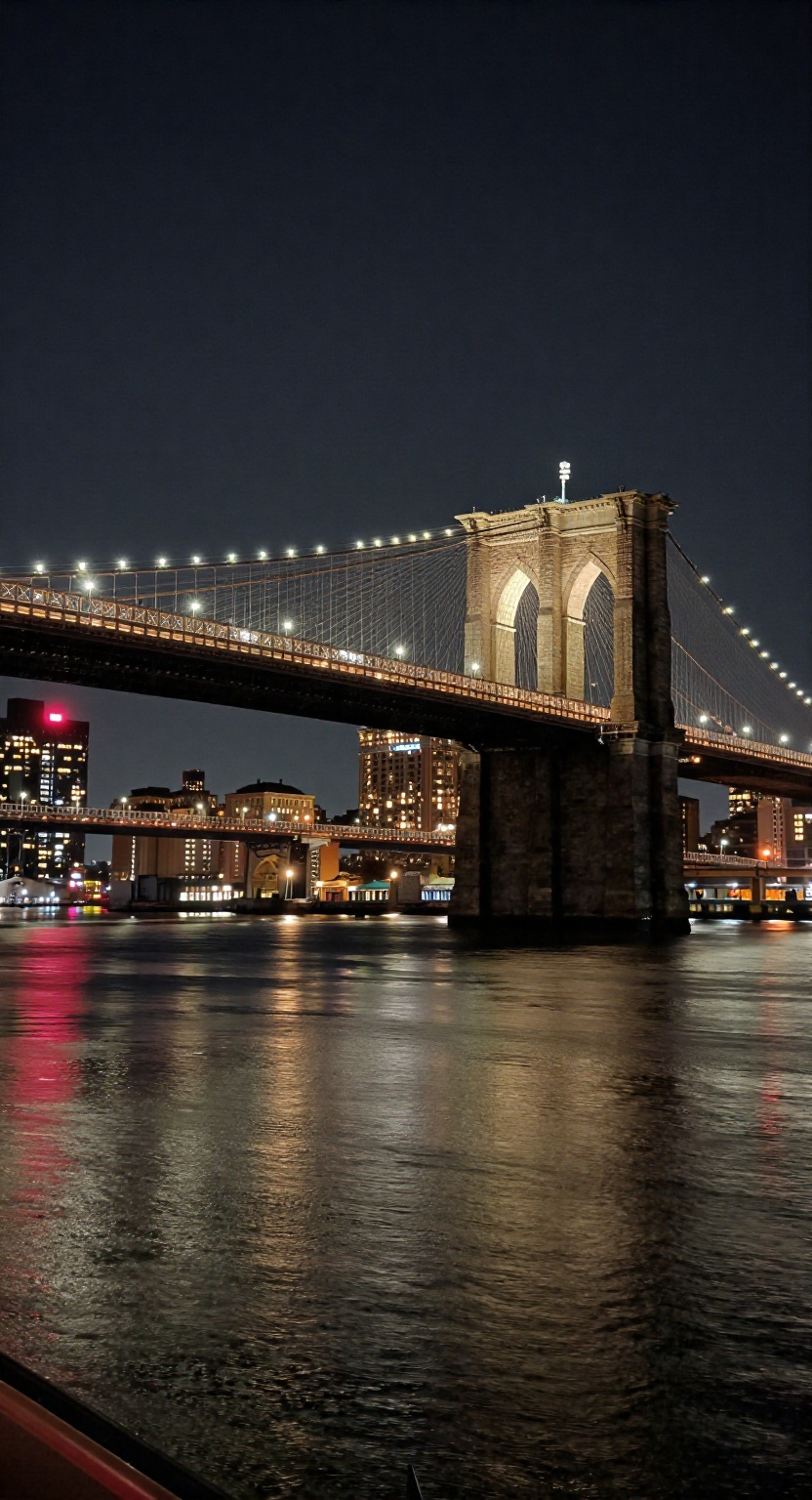 This is a stunning nighttime photograph capturing the Brooklyn Bridge from a vantage point on the water,  likely from a bo...
