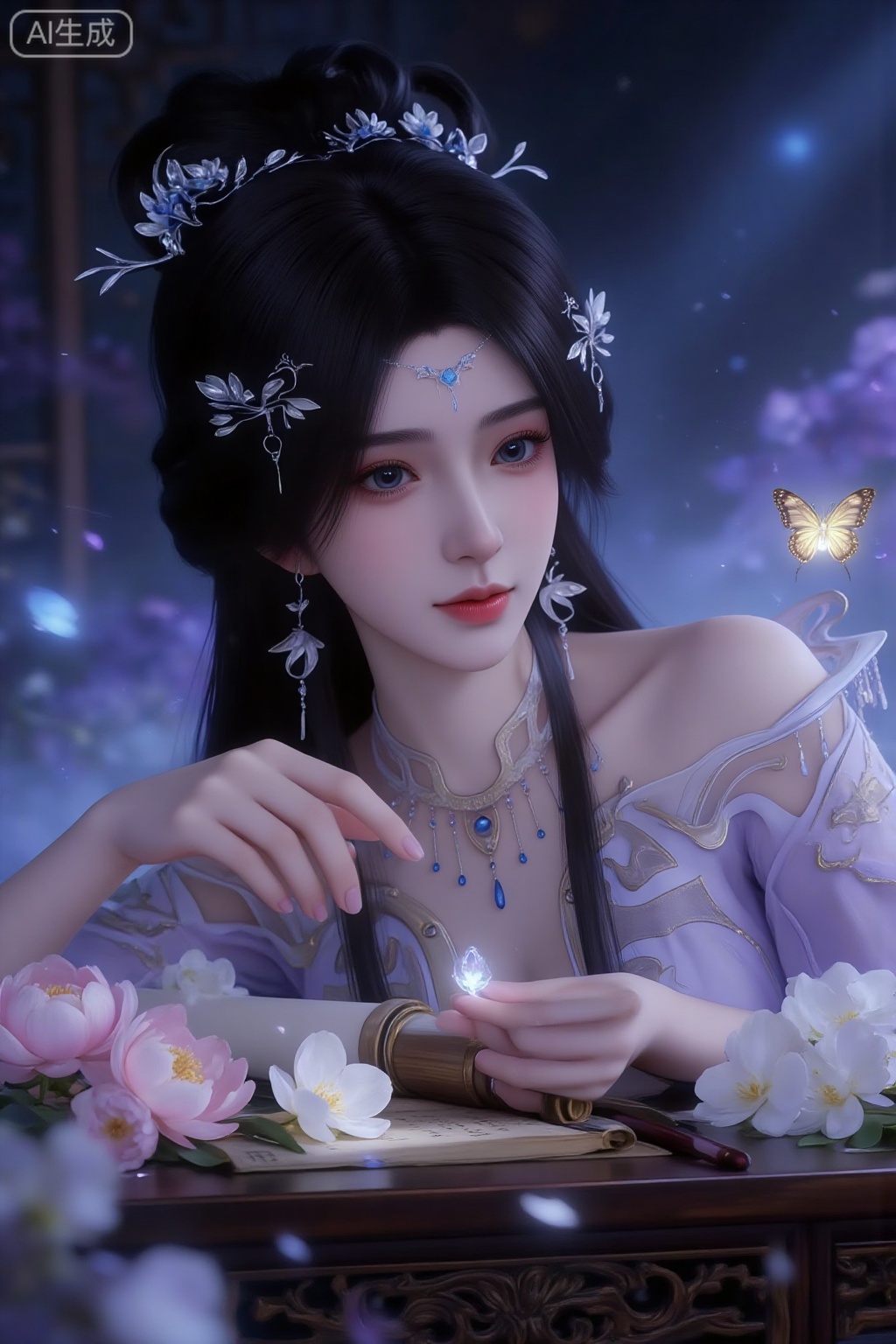 1 girl, solo, in the style of an ancient fairy, with long, fluffy black hair embellished with silver-white leaf-shaped hair accessories. She wears a forehead ornament, earrings and a multi-layered silver necklace set with blue diamonds. She wears an elegant gauze ancient-style dress with a light purple background and gold moiré embroidery; the scene is set to be full of In a dreamy, dark-toned interior, the background is a hazy fantasyland glowing with blue-purple stars. On the table are scrolls, brushes, pink peonies and white phalaenopsis, and a golden butterfly flying nearby; the action posture is leaning over the carved wooden table, with one hand reaching forward and pinching Holding a small white flower, the other hand is placed on the table, and the eyes are looking gently at the camera; the style reference is a combination of ultra-realistic 3D rendering and ancient portraits, pursuing delicate skin texture, transparent gauze fabrics and dreamy starlight particle effects; the color tone is soft The main colors are light purple and light blue, combined with golden textures and warm skin tones. The overall atmosphere is both fairy-like and gentle. The composition perspective is a close-up view, with the character on the right side of the picture. The tabletop props and outstretched hands in the foreground enhance the layering and interaction of the picture.