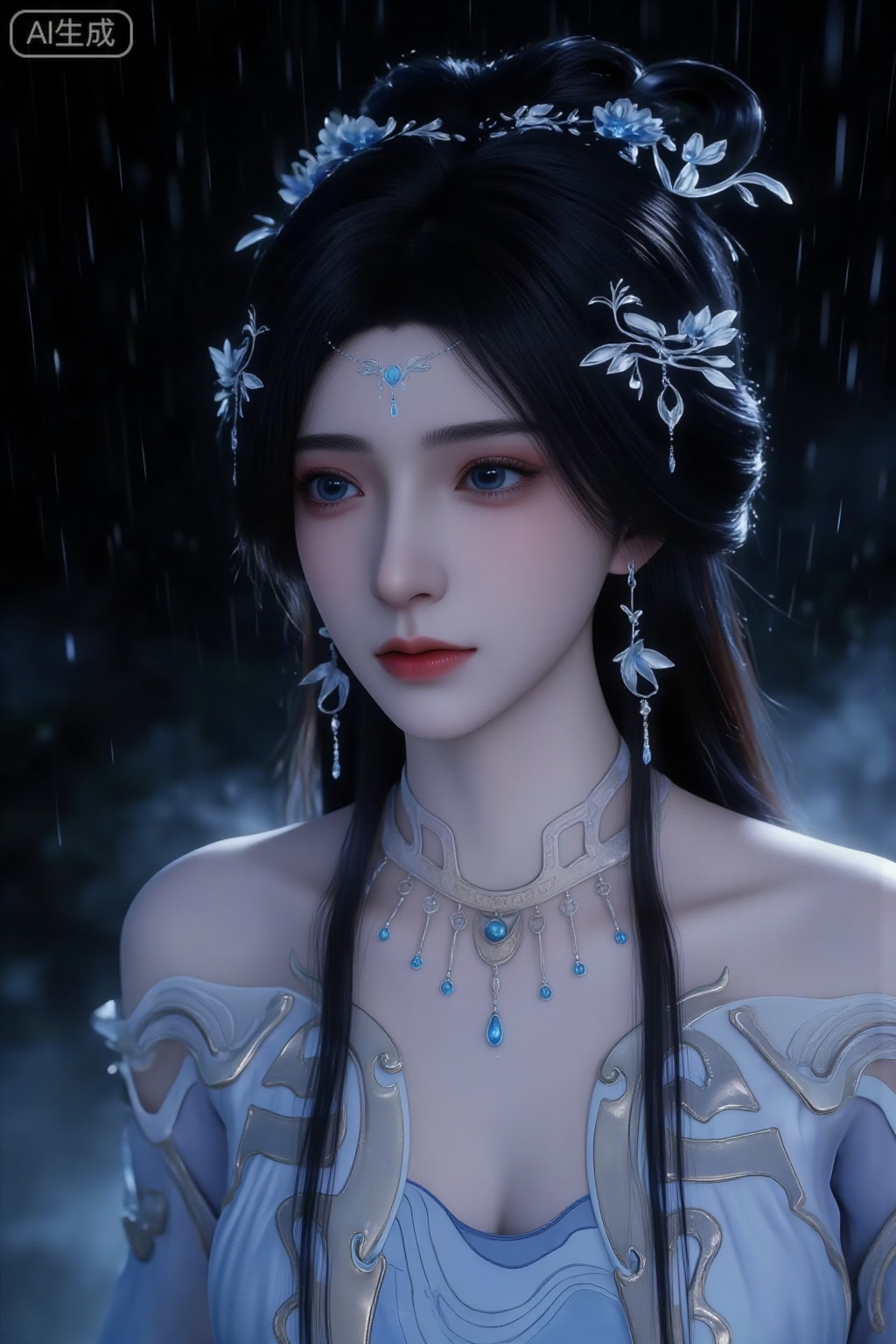 1 girl, solo, wearing a light blue gradient ancient-style fairy dress, the skirt is decorated with exquisite golden lines and tulle, paired with silver and blue floral leaf-shaped hair accessories, forehead ornaments, multi-layered tassel earrings, necklaces, long black hair combed into a high bun. Decorated with fine silver ornaments; the scene is set against the dark black background of a rainy night, with fine raindrops falling and a hazy cold mist lingering around the body; the action posture is slightly raising the head, looking diagonally upward, with crystal beads hanging on the cheeks and neck Raindrops, with a hint of cold melancholy in their expressions; the style reference is hyper-realistic 3D rendering, which combines the fairy tale style with a movie-level atmosphere; the color tones are mainly cold light blue and silver, with a deep black background and golden decorations, the overall tone is cold and layered; the composition perspective is a half-length close-up of the face, using a low-angle overhead shot, the character occupies the main body of the picture, highlighting the facial expression, neck line and upper body clothing details and texture.