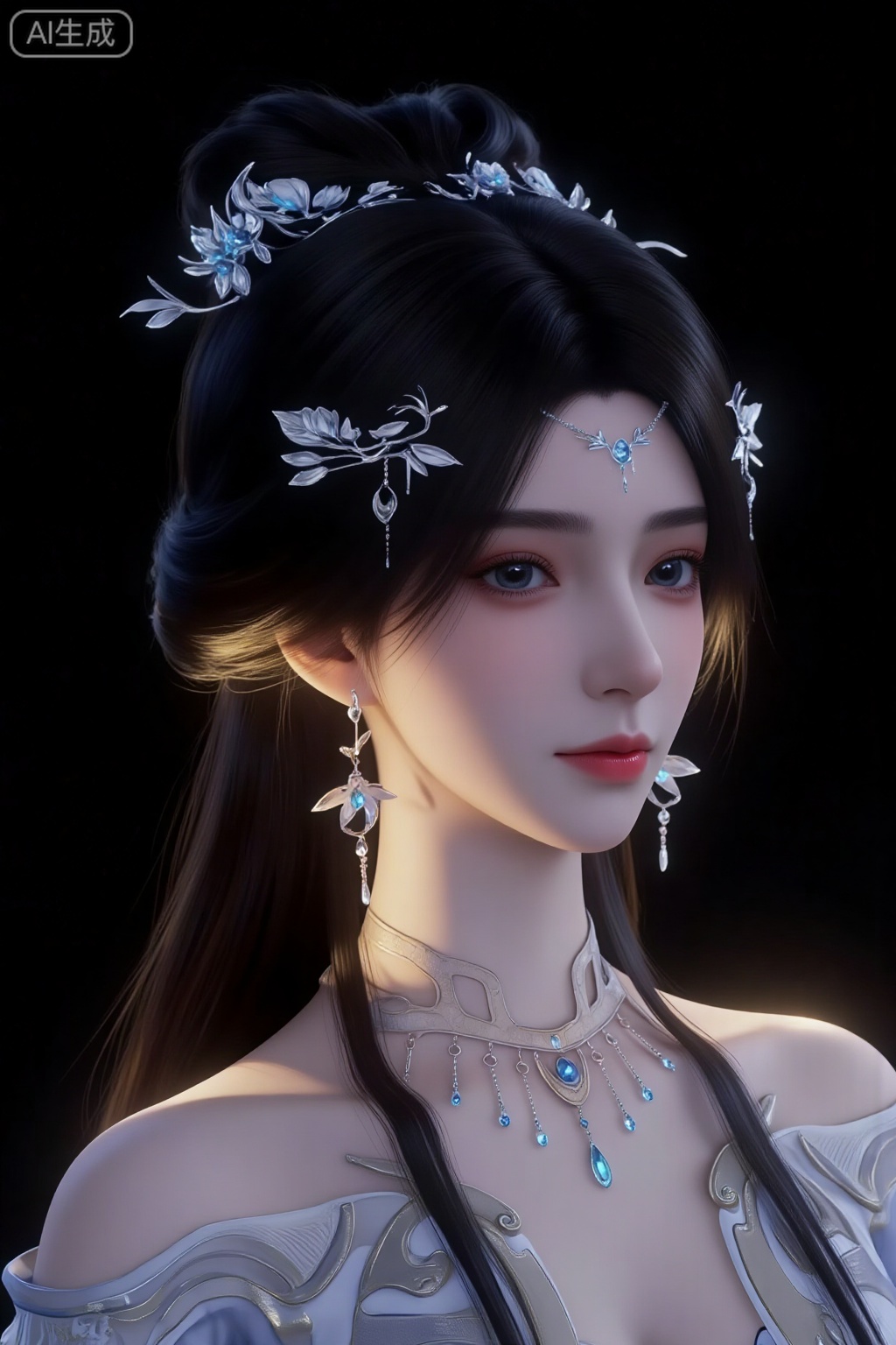 1 girl, solo, wearing a high bun with exquisite hair, embellished with silver leaf-shaped hair accessories and embedded with blue diamonds. There is a silver flower on the forehead. She wears the same style of tassel earrings and multi-layered necklaces. She wears a light gray-blue off-the-shoulder antique dress with exquisite Golden texture; the scene is set to a pure black deep background, with only a warm golden outline light on the edge of the character's hair, creating an atmosphere with a strong contrast between light and dark; the style reference is hyper-realistic 3D rendering, which combines the coolness of a fairy with a movie-level texture, highlighting the human The delicate skin texture and hair luster of the object; the color tones are mainly cold-toned gray blue and silver white, with warm golden outline light and embellished blue diamond luster, presenting a cold and elegant visual effect overall; the composition perspective is a side close-up, and the lens focuses on the side of the character For the face lines and neck accessories, the three-part composition method is used to place the character on the right side of the picture; additional details include the natural layers of the hair, the transparent texture of the clothing fabrics, the metallic luster of the accessories and the reflection of gemstones, as well as the delicate transition of the outline light between the hair and the shoulders and neck.