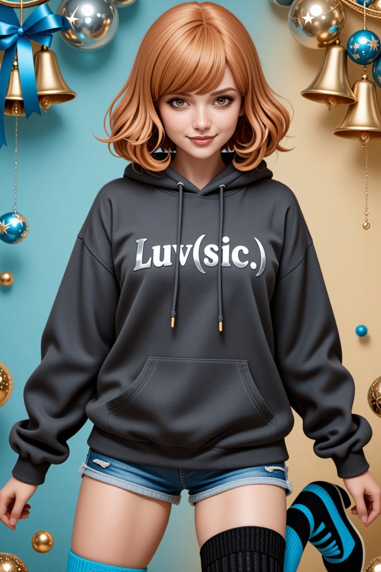 Closeup photograph of a beautiful studet model wearing an oversized charcoal hoodie with chrome text 'Luv(sic.)' over deni...