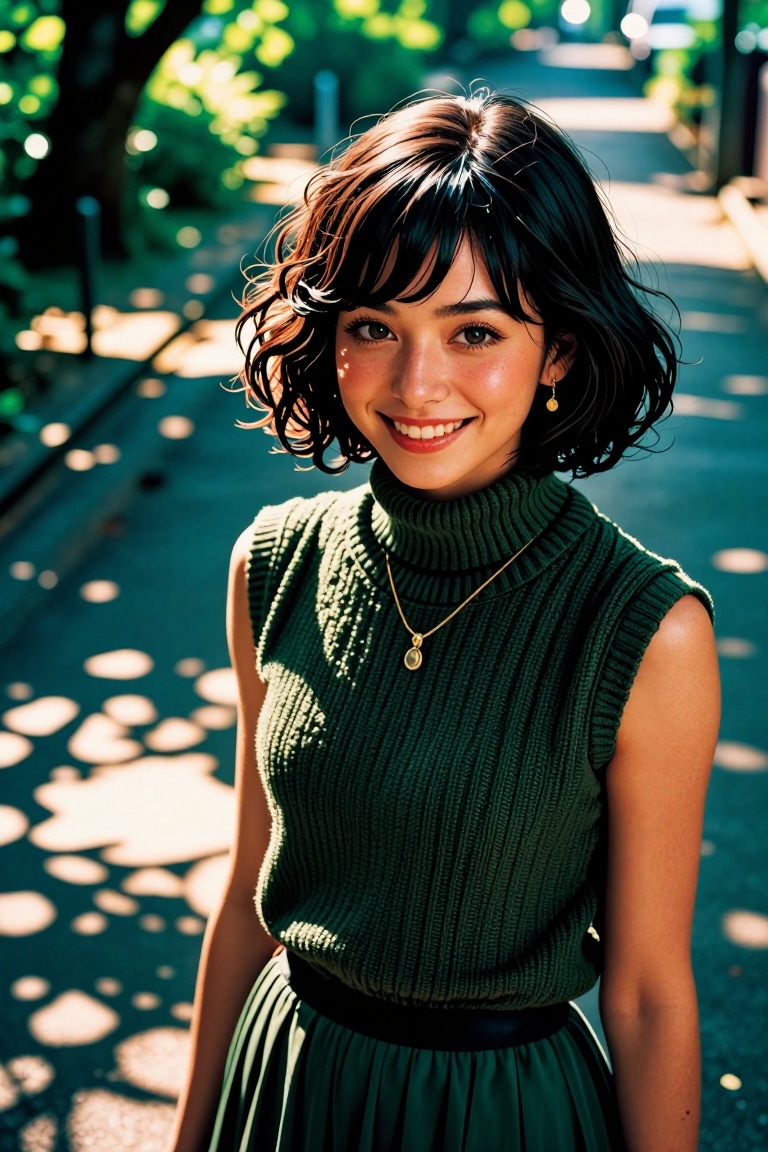 top view cinematic close-up photograph of a japanese student model standing on a quiet street. She makes eye contact with...