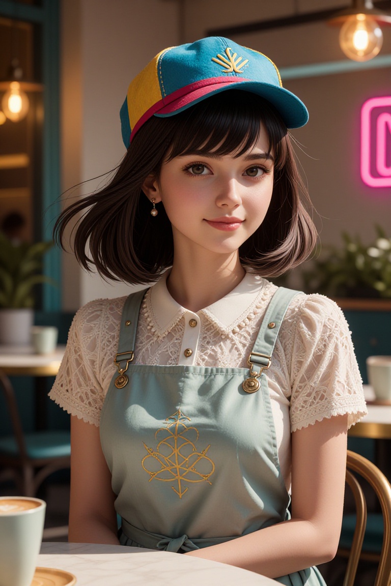 Create a beautiful image of A beautiful student model with eye contact on the terrace of a fancy cafe at Sunday afternoon....