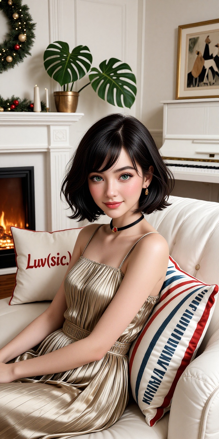 Photograph of a beautiful student model relaxing in a cozy,  new year festive living room with a soft,  inviting atmospher...