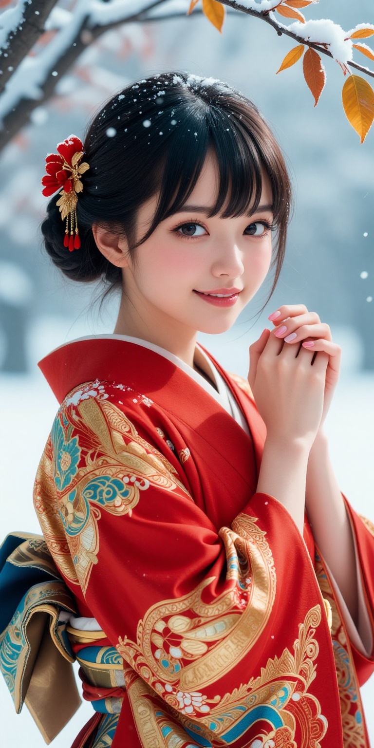a beautiful student model in Tokyo vibes enjoying snow falling in blizzard,  detaled face,  kind smile on Tensor.Art