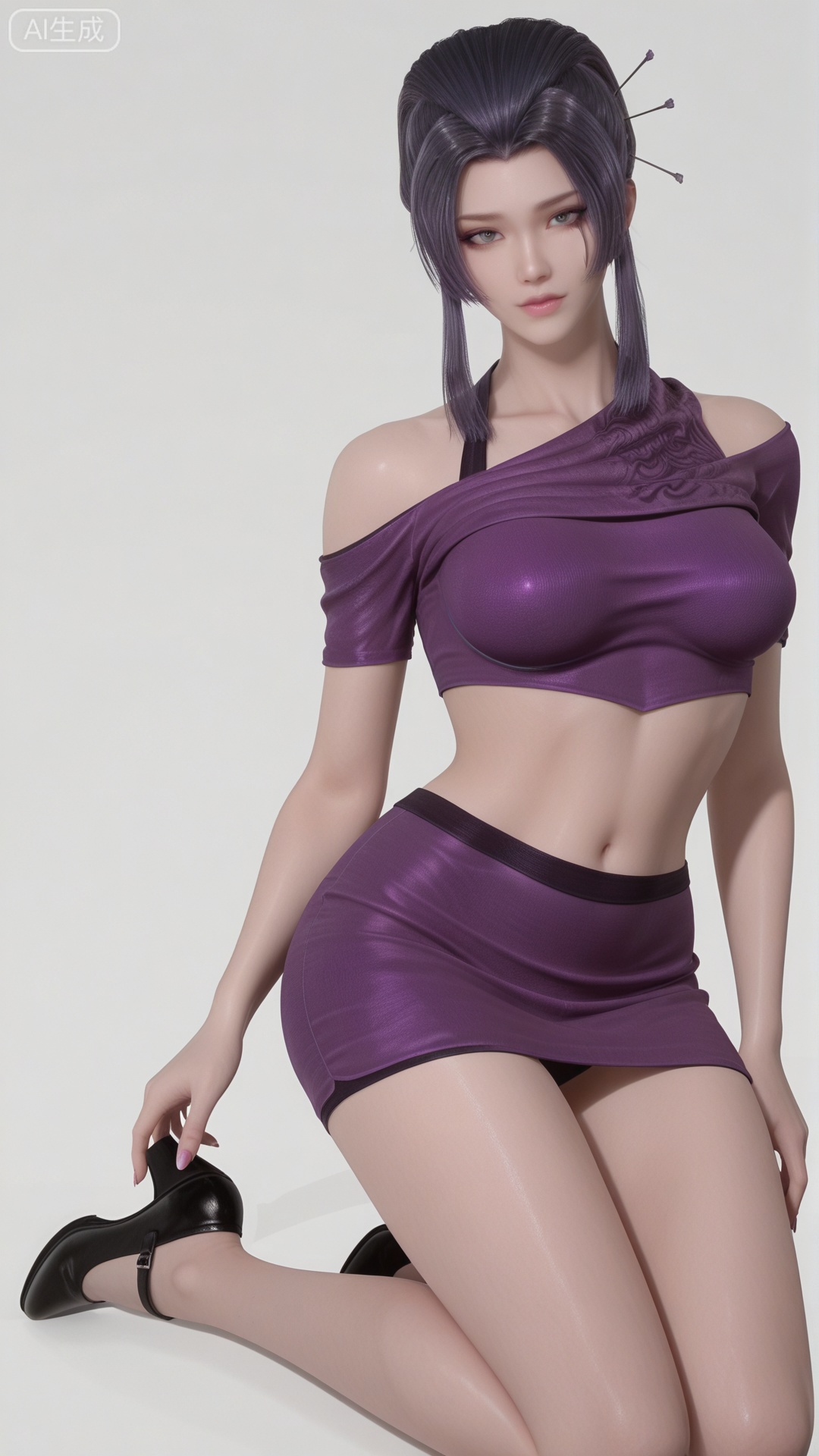 YLJ clothes, crop top, bodycon skirt, solo, exquisite skin, shoes, looking at viewer, even illumination, very awa, simple background,