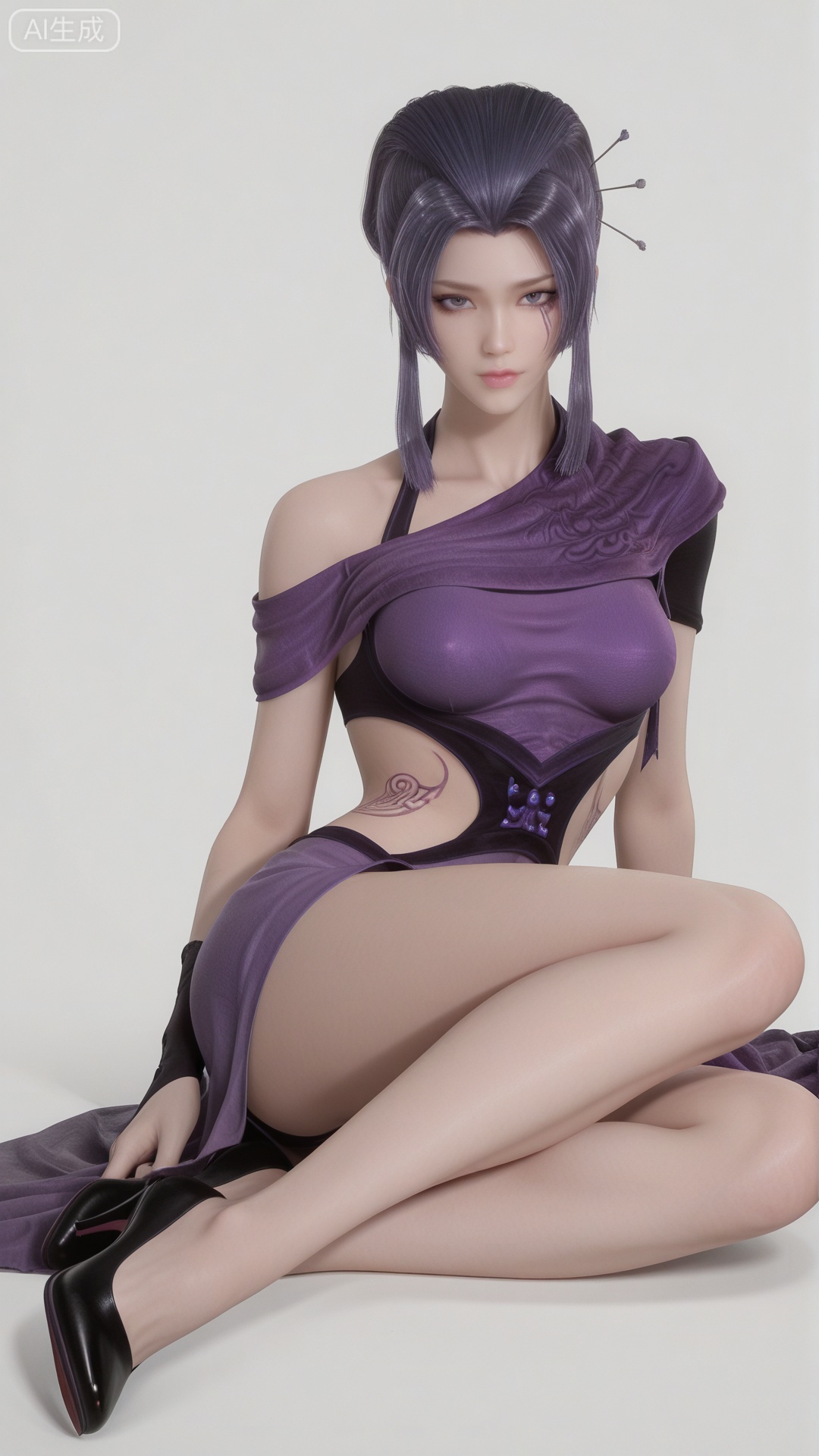 YLJ clothes, solo, exquisite skin, sitting, shoes, looking at viewer, even illumination, very awa, simple background,