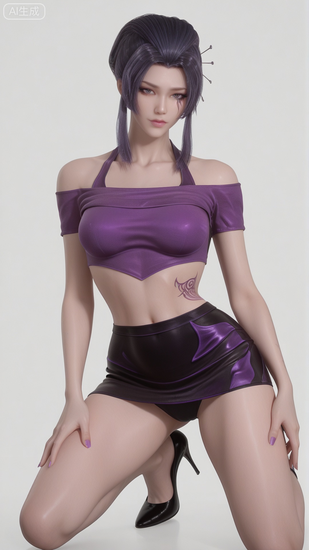 YLJ clothes, crop top, bodycon skirt, solo, exquisite skin, shoes, looking at viewer, even illumination, very awa, simple background,