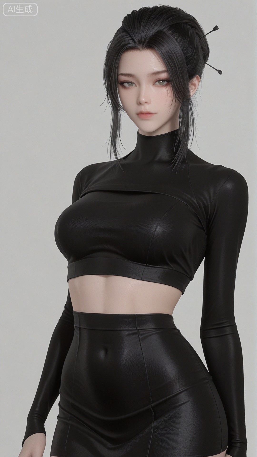 clothes, black crop top, black bodycon dress, solo, exquisite skin, cowboy_shot, looking at viewer, even illumination, very awa, simple background,