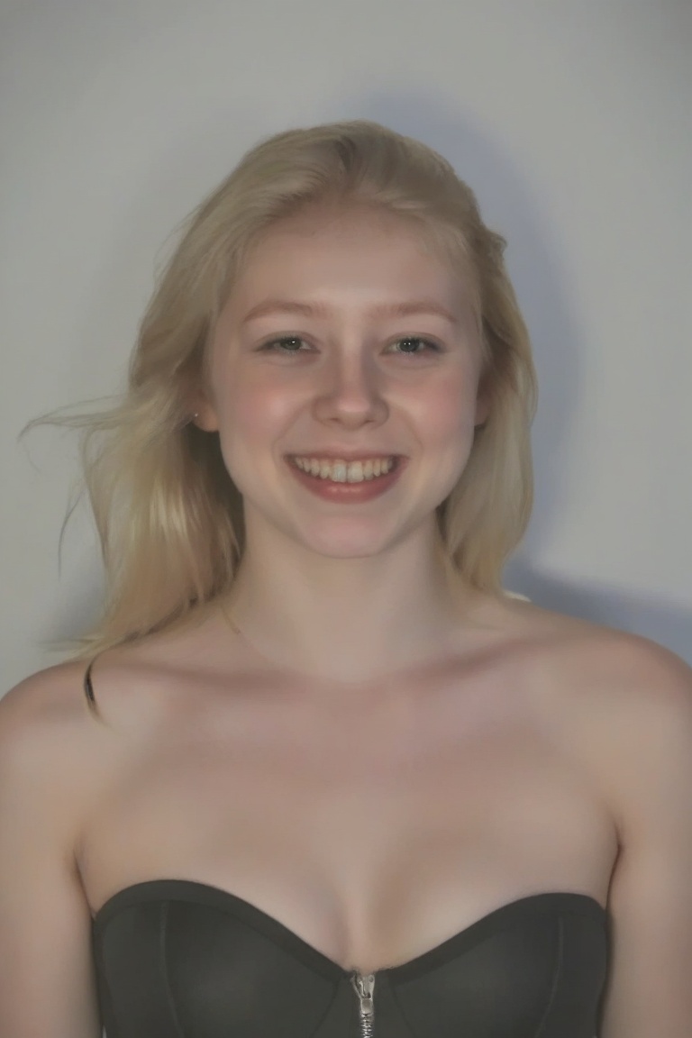 A headshot of a blonde girl with a bustier,  capturing her vibrant energy and confidence in a clear,  sharp image. The lig...