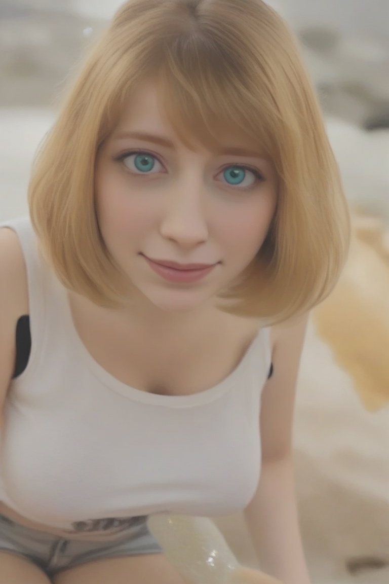 Create an image of a busty blonde **** woman,  a 19-year-old with a bob cut and bangs,  wearing a loose **** top. Capture...