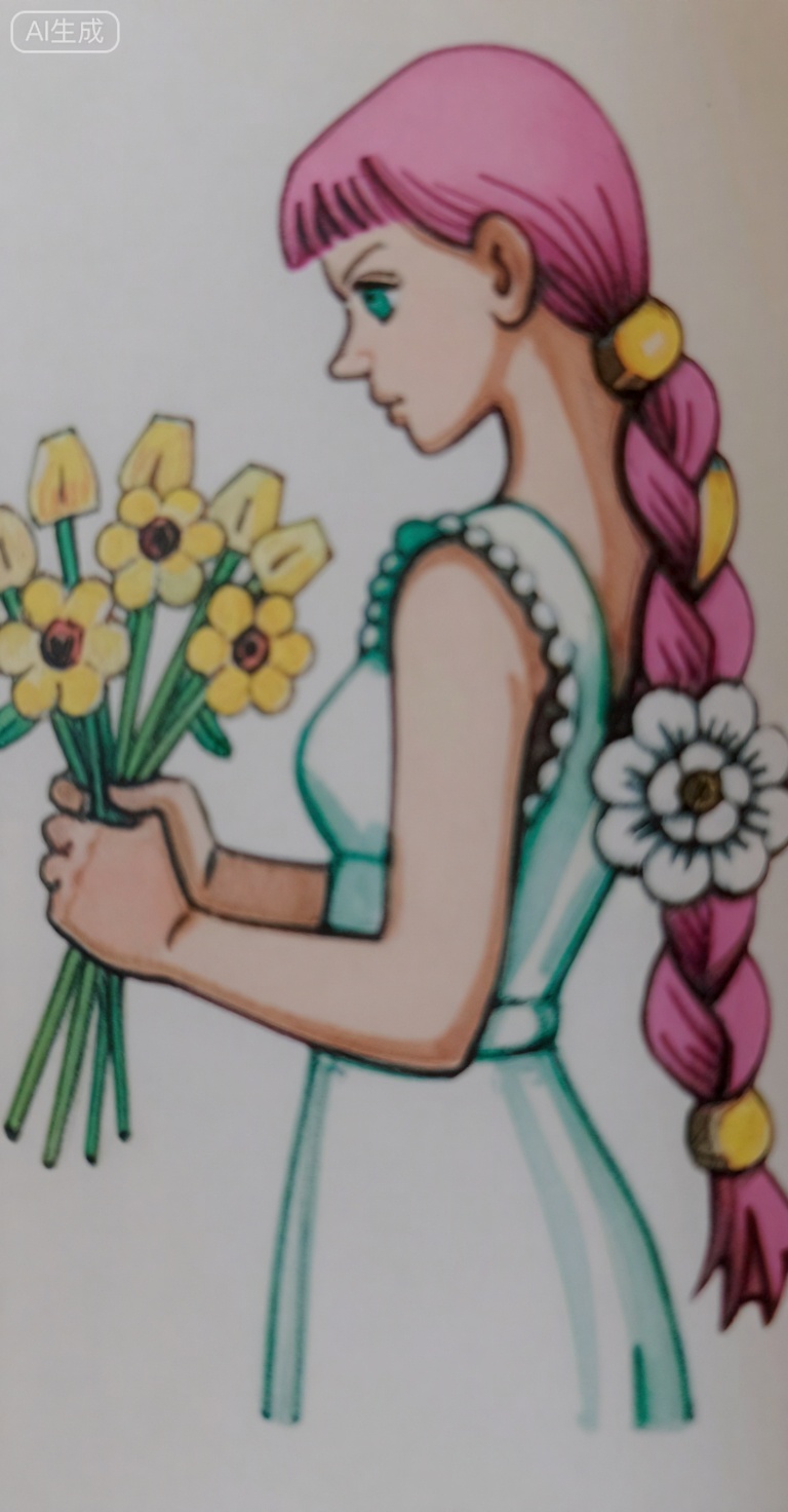 8K, absurdres, , a detailed high resolution masterpiece,coloured pencils drawing,1girl, solo, long hair, looking at viewer, bangs, simple background, pink hair, dress, ribbon, holding, bare shoulders, green eyes, very long hair, closed mouth, pink hair, standing, hair ribbon, upper body, ponytail, flower, frills, sleeveless, white dress, from side, looking to the side, bare arms, sleeveless dress, leaf, white flower, low ponytail, yellow ribbon, bouquet, yellow flower, holding flower, spaghetti strap, sundress, holding bouquet,

masterpiece,extremely detailed,best quality,very aesthetic



