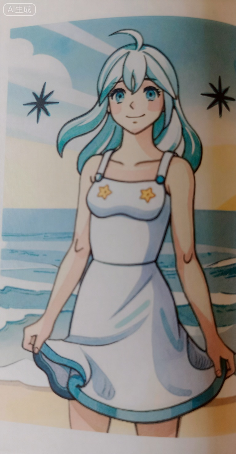 8K, absurdres, , a detailed high resolution masterpiece,coloured pencils drawing,1girl, solo, smile, blue eyes, long hair, dress, white hair, ocean, looking at viewer, outdoors, colored inner hair, beach, sky, blush, closed mouth, horizon, multicolored hair, sundress, water, dress tug, cloud, virtual youtuber, bare shoulders, blue hair, small breasts, see-through dress, sleeveless, standing, see-through, breasts, hair between eyes, sleeveless dress, sunset, knees together feet apart, two-tone hair, floral print, star (symbol), , bare arms, feet out of frame, collarbone, white dress, frilled dress


