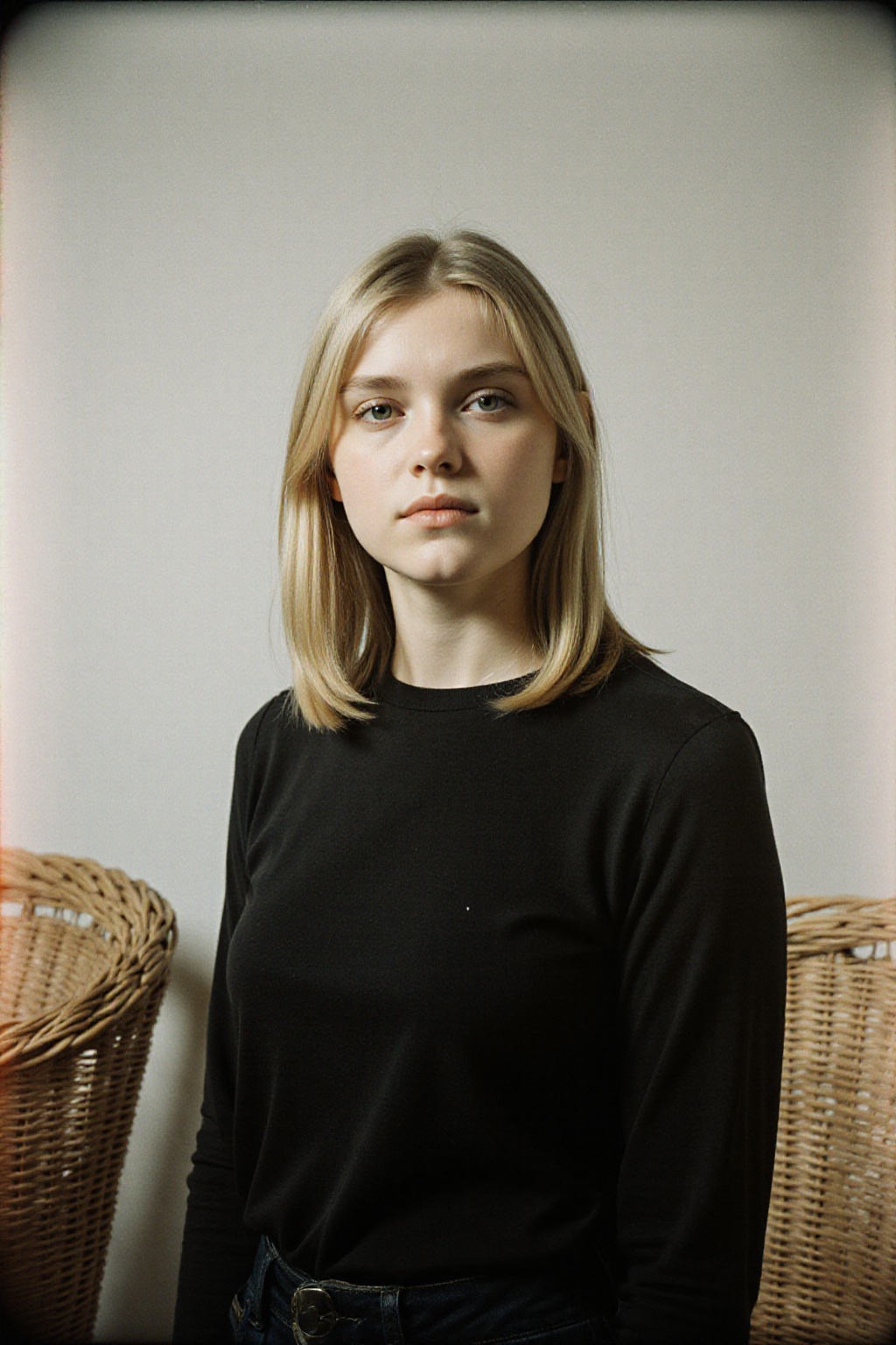 Art style: Professional photography in studio,  film grain. Subject: An young blonde woman. Face/Hair: mid lenght blonde h...