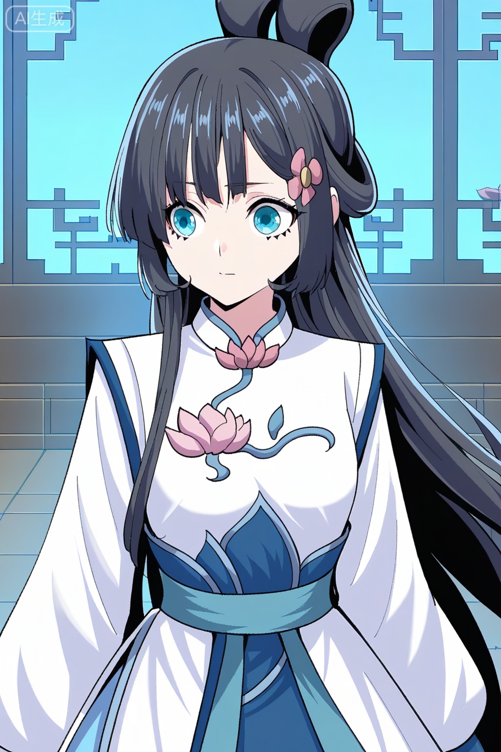 云霜,masterpiece,best quality,official art,extremely detailed CG unity 8k wallpaper,1girl, solo, blue eyes, long black hair, straight hair, bangs, flower hair ornament, side hair strands, ribbon bun, twin loop bun,traditional chinese clothes, white hanfu, blue hanfu, lotus pattern, long sleeves, layered dress, floral design, waist sash,
