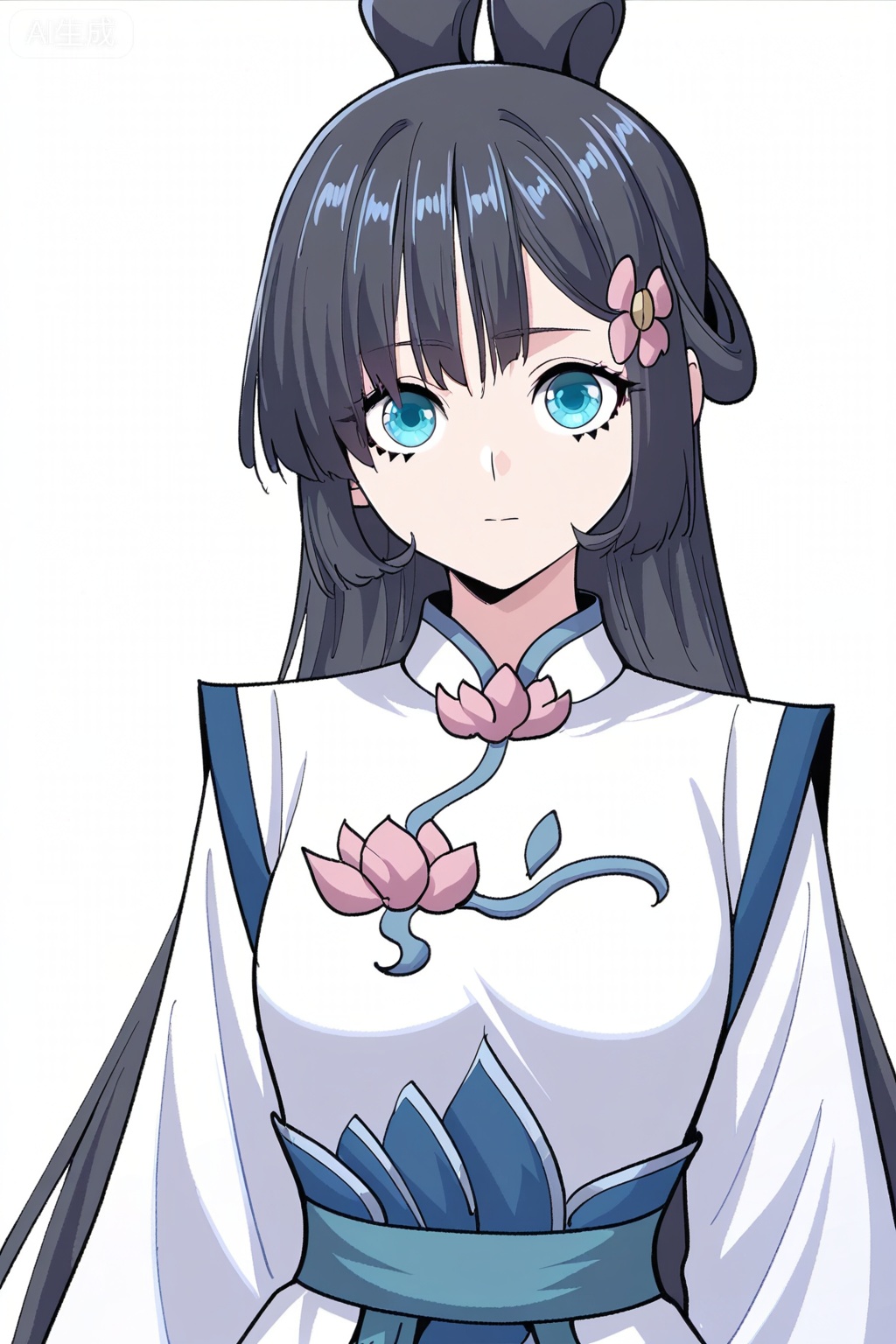 云霜,masterpiece,best quality,official art,extremely detailed CG unity 8k wallpaper,1girl, solo, blue eyes, long black hair, straight hair, bangs, flower hair ornament, side hair strands, ribbon bun, twin loop bun,traditional chinese clothes, white hanfu, blue hanfu, lotus pattern, long sleeves, layered dress, floral design, waist sash,