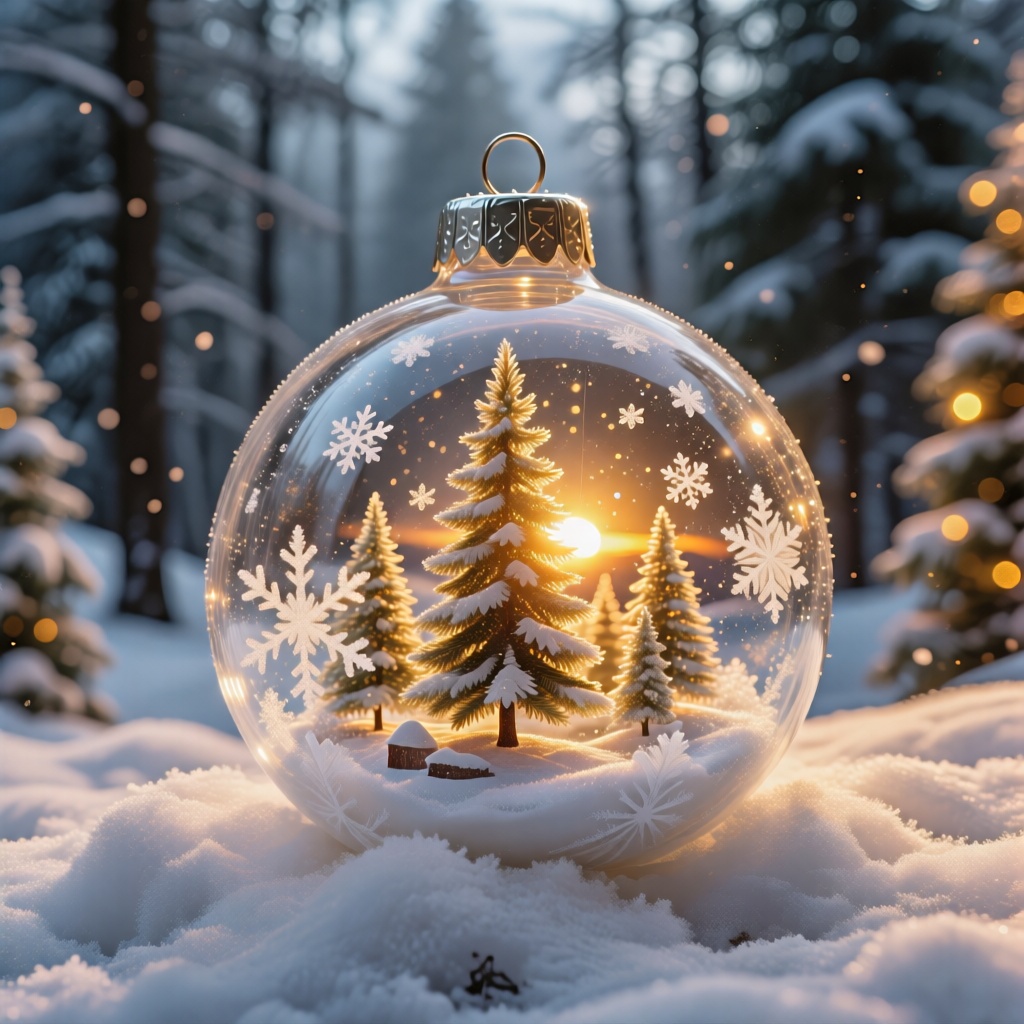 Macro photography. A transparent glass Christmas tree ball rests on fluffy snow. Inside the sphere is a miniature winter l...
