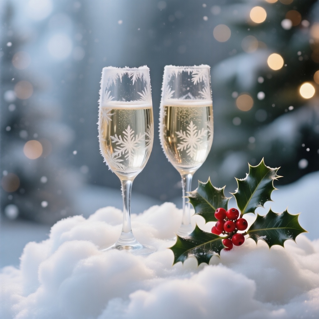 Create an ethereal scene where the base is an airy white cloud,  upon which rests two glasses of champagne. The glasses ar...