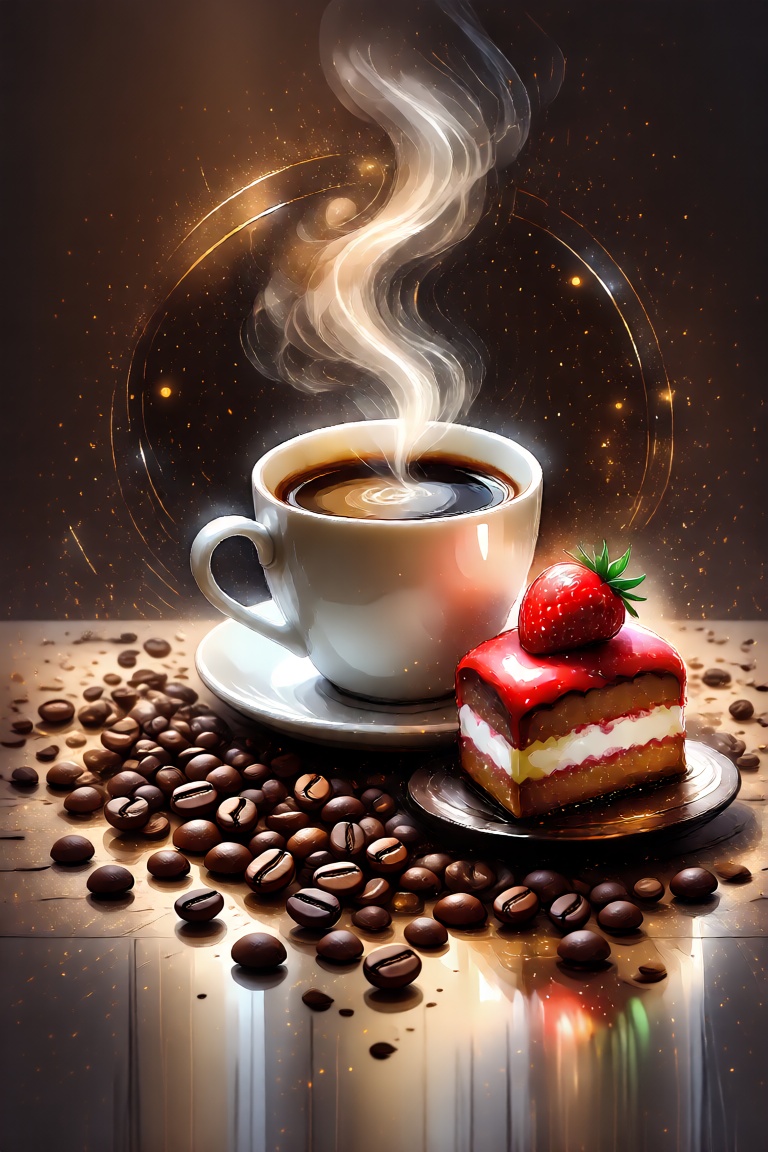 A poetic coffee symphony unfolds in the illustration. The background is generously sprinkled with coffee beans — they are...
