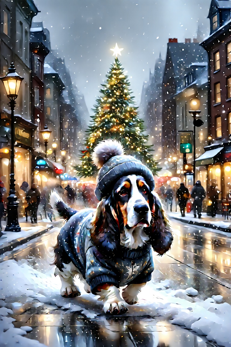 A black and white basset Hound in a sweater and hat strolls along a winter street,  it's snowing,  lights and a Christmas...