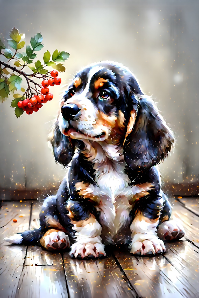 The image shows a sketch of a cute young Basset Hound puppy sitting on a wooden floor. The puppy has a black and white coa...