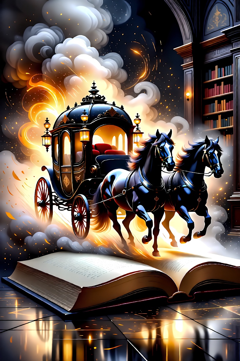 Cinematic fantasy close-up. A black antique carriage pulled by two dark horses is rapidly bursting out of an old open book...
