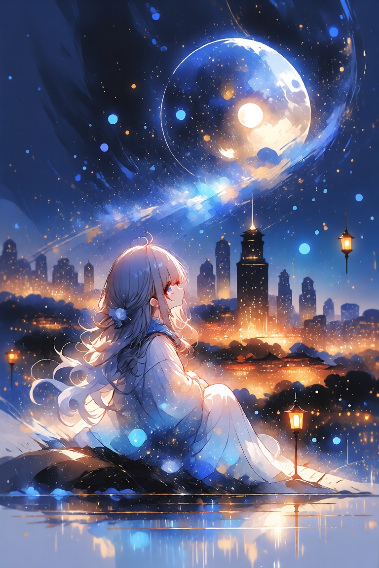 The painting depicts a serene and ethereal scene in which an anime girl sits on a sand dune and admires the urban landscap...
