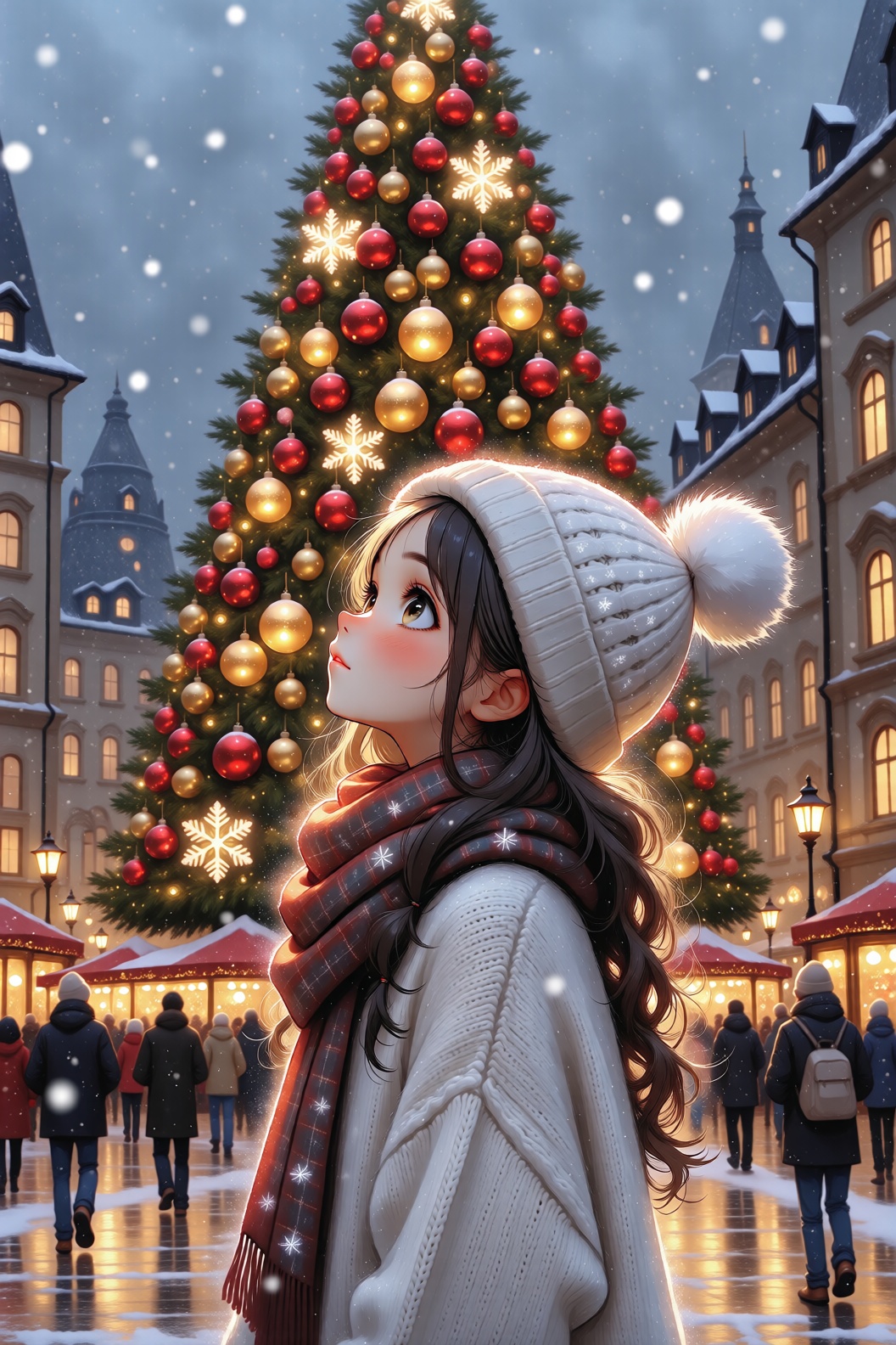 The image shows a young girl wearing a warm white knitted sweater,  a dark scarf and a white hat with fluffy pompoms. She...