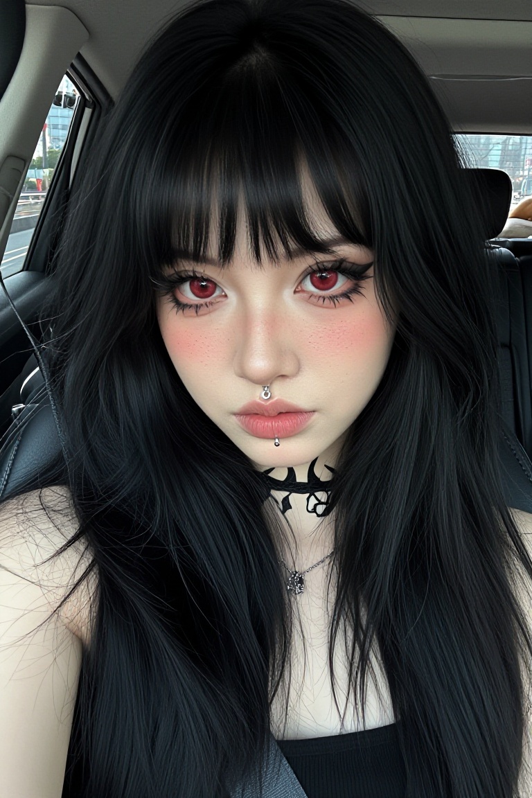 77_GG goth girl,  selfie a young woman sitting in a car,  likely taken with a smartphone. She has a light skin tone and is...