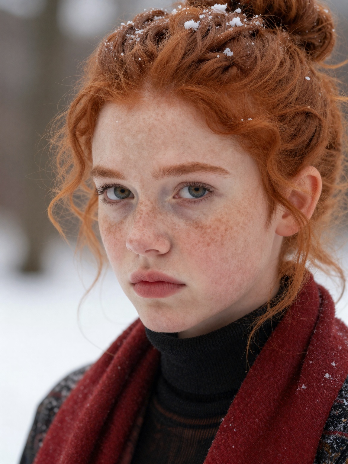An ultrareal HDR 8k close-up photograph of a sweet,  willowy 19 year old Irish girl. Her curly,  fiery red hair is styled...