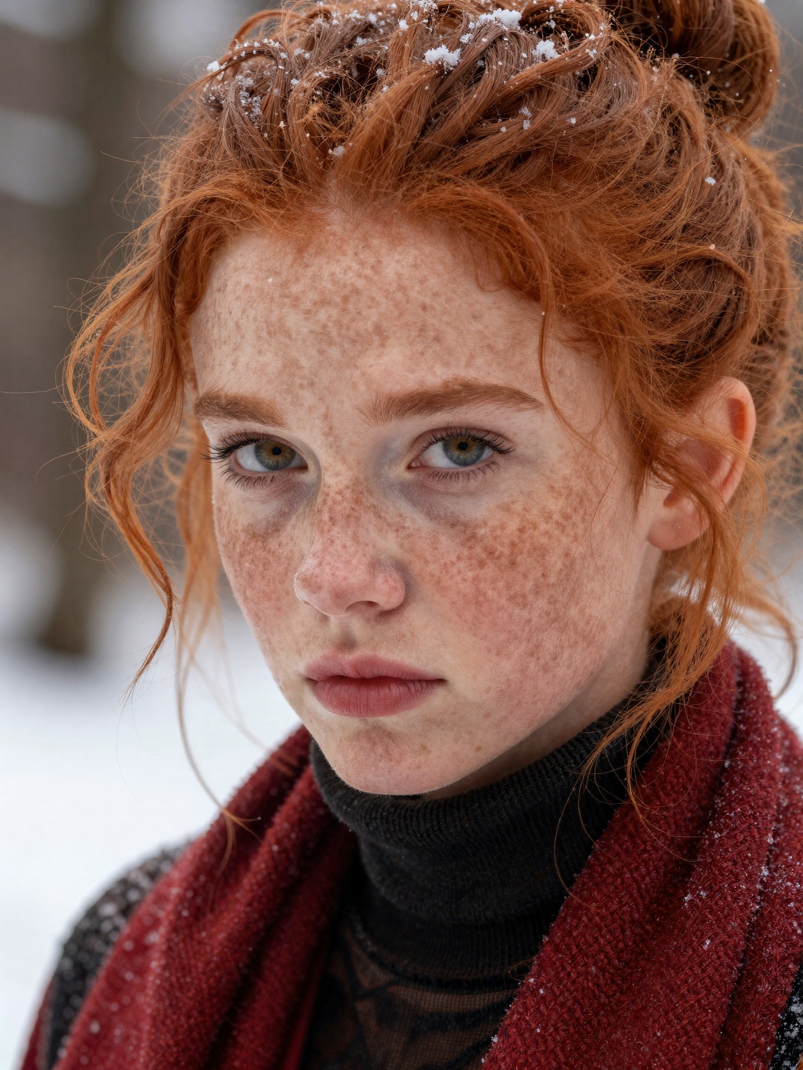 An ultrareal HDR 8k close-up photograph of a sweet,  willowy 19 year old Irish girl. Her curly,  fiery red hair is styled...