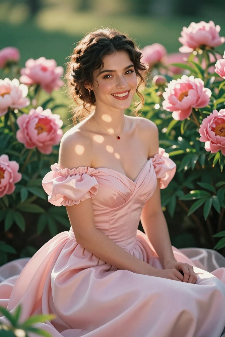 A radiant young woman sitting gracefully in a sun-dappled garden filled with blooming pink peonies and lush green foliage,...