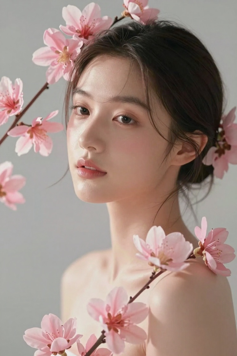 a serene and ethereal scene with a young asian woman surrounded by delicate pink flowers. Her skin is smooth and glistenin...