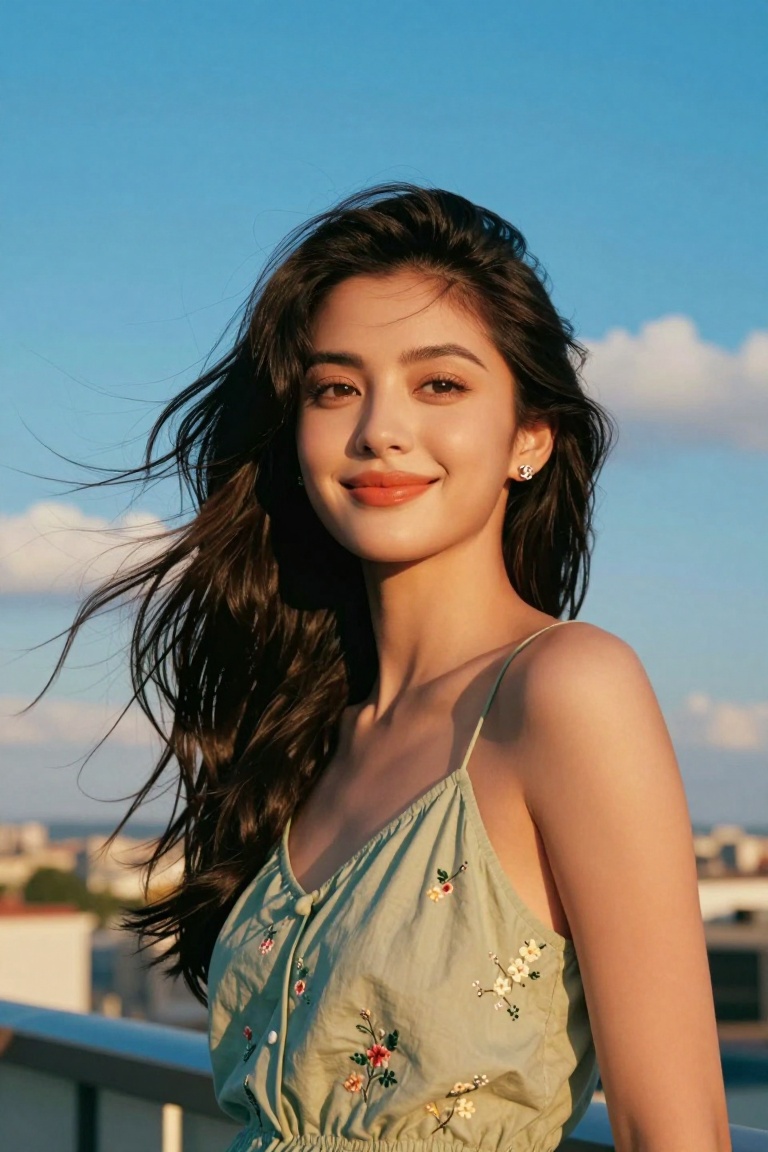 A breathtakingly beautiful young woman standing on a rooftop or balcony against a vast,  clear blue sky with soft white cl...