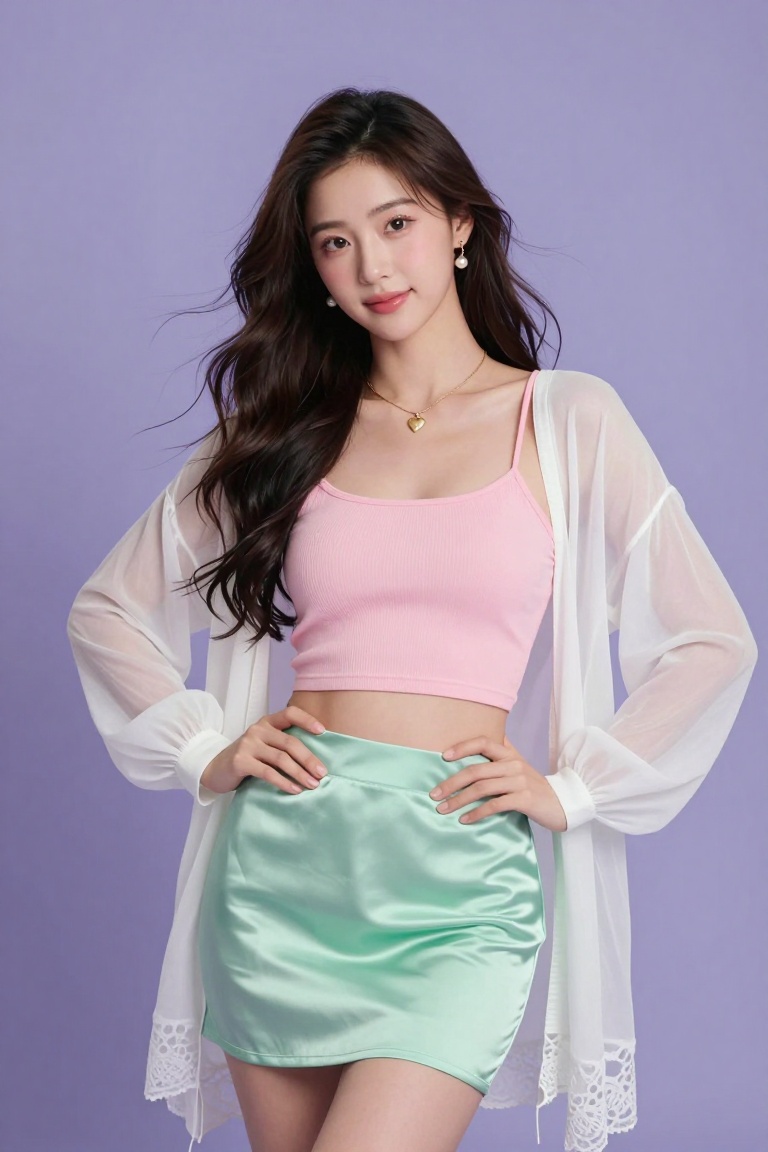A radiant young asian woman standing gently against a soft lavender studio backdrop,  her long dark hair styled in loose,...