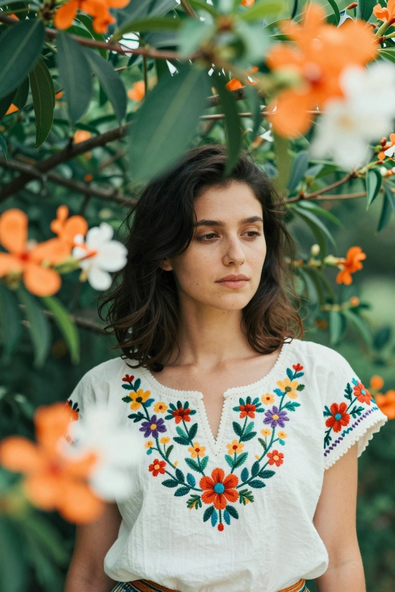 A woman stands amidst lush,  green foliage,  framed by vibrant orange and white flowers. Her dark hair contrasts with her...
