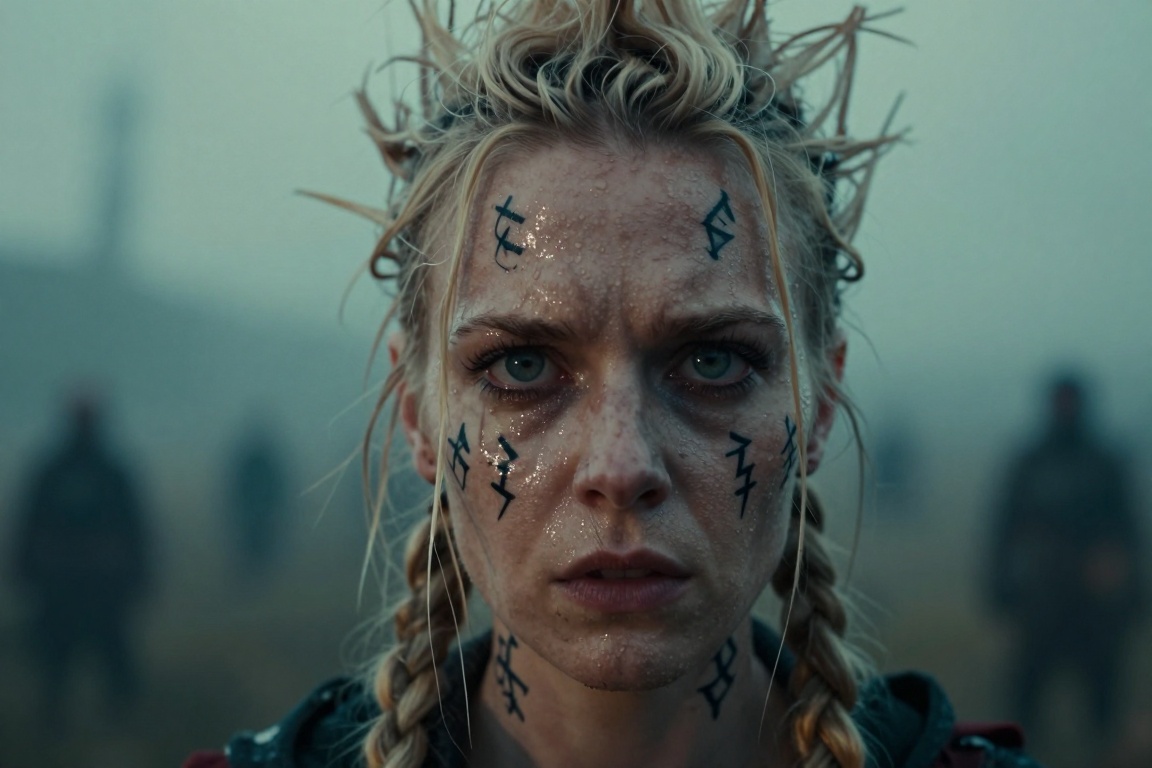 Horror-themed of nordic woman,  ,  mohawk blonde haircut wit thin braids on Tensor.Art