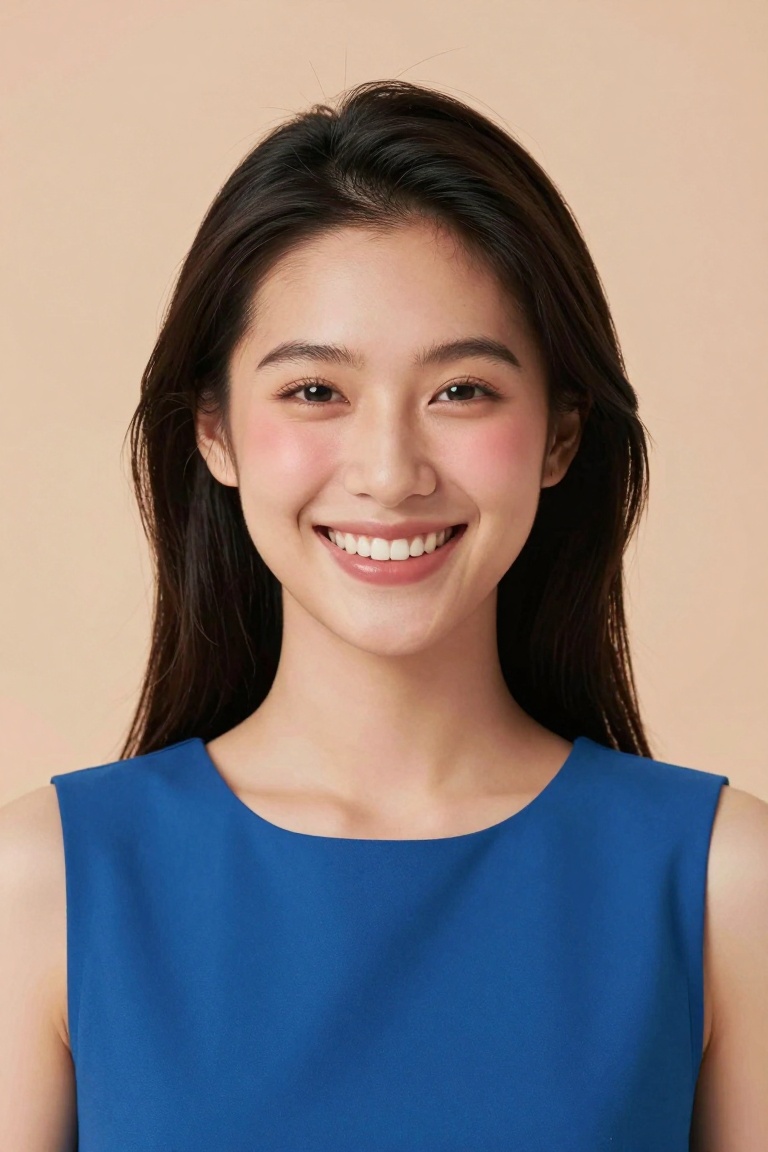 studio portrait of a young Asian woman facing the camera,  head and shoulders framing,  bright open smile showing teeth on...