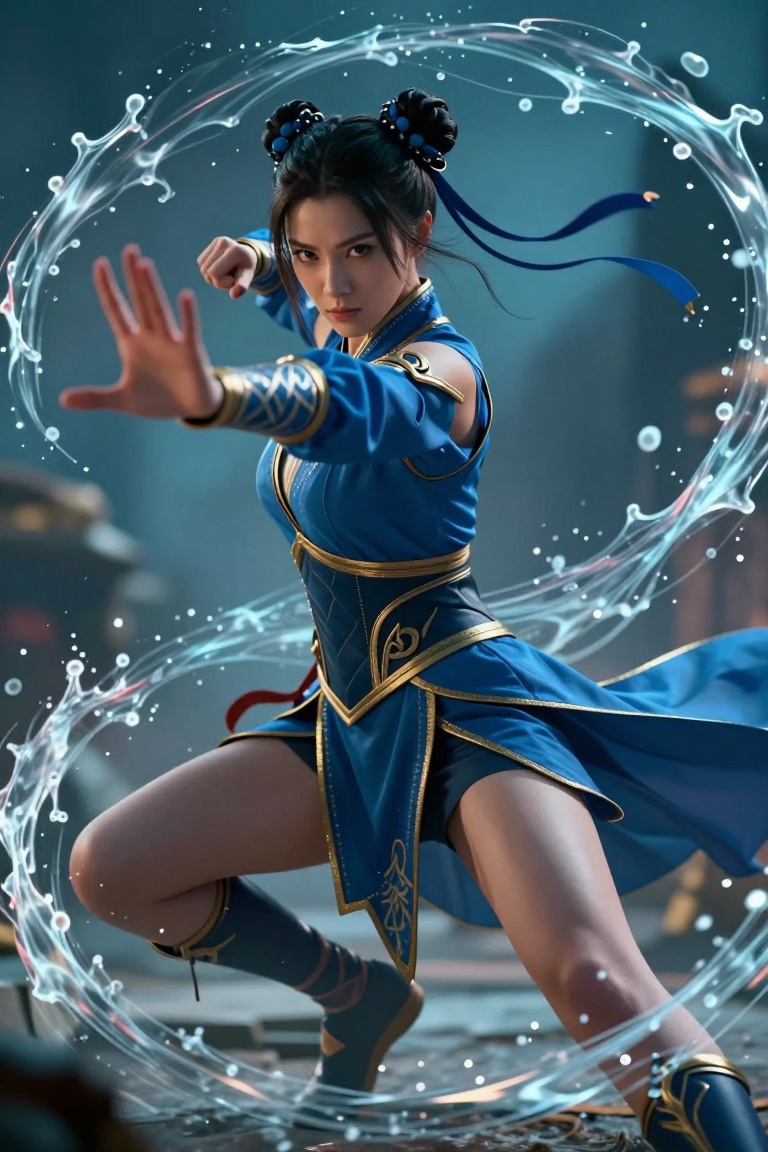highly detailed cinematic fantasy action portrait of a powerful female martial artist,  dynamic fighting stance with one h...