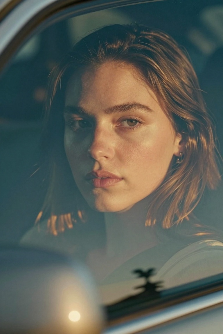 close-up portrait of a young woman seen through a car side window,  camera positioned outside the vehicle,  glass reflecti...