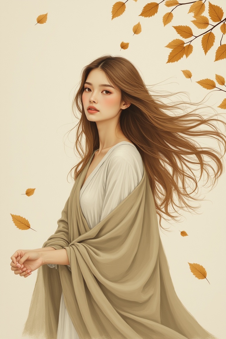 annrin_ivoryautumn,  woman positioned to one side of the frame,  long flowing hair drifting softly on Tensor.Art