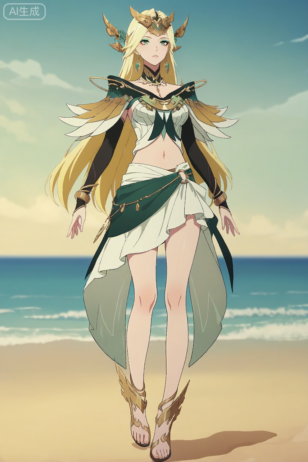 anime screencap,anime coloring, illustration,masterpiece,best quality,very aesthetic,amazing quality,
xh,1girl,solo,long hair,blonde hair,hair ornament,green eyes,eyeshadow,jewelry,earrings,breasts,detached collar,elbow gloves,dress,bracelet,navel,midriff,skirt,bare legs,feet ornament,,Seaside, beach,Outdoor, seaside,full body