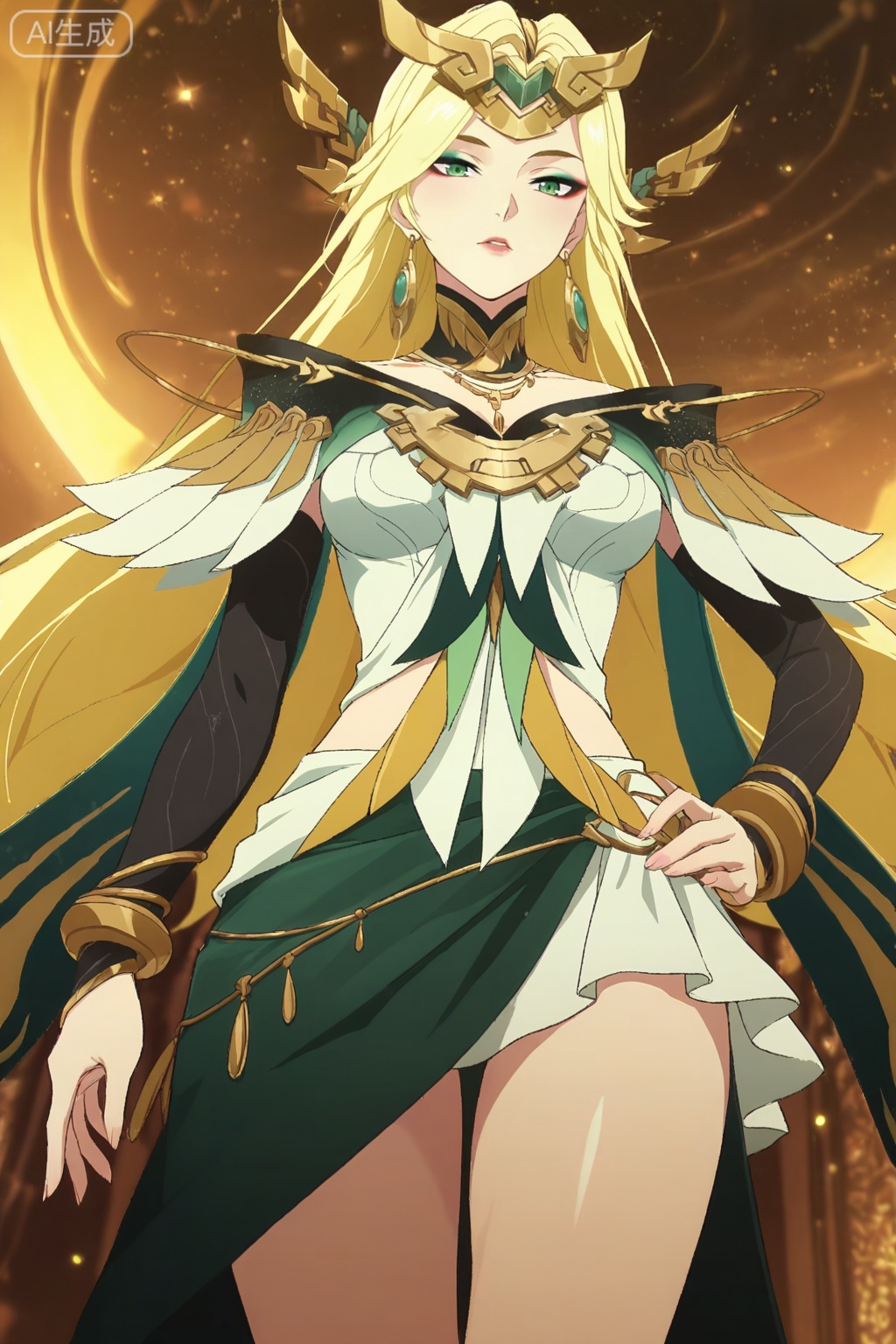 anime screencap,anime coloring, illustration,masterpiece,best quality,very aesthetic,amazing quality,
nsfw,1girl,solo,cowboy shot,
xh,1girl,solo,long hair,blonde hair,hair ornament,green eyes,eyeshadow,jewelry,earrings,breasts,detached collar,elbow gloves,dress,bracelet,skirt,bare legs,feet ornament
standing,seductive_pose
