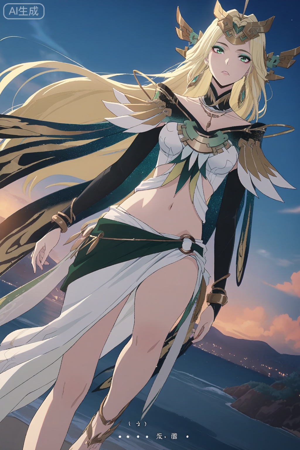 anime screencap,anime coloring, illustration,masterpiece,best quality,very aesthetic,amazing quality,
xh,1girl,solo,long hair,blonde hair,hair ornament,green eyes,eyeshadow,jewelry,earrings,breasts,detached collar,elbow gloves,dress,bracelet,navel,midriff,skirt,bare legs,feet ornament,,Seaside, beach,Outdoor, seaside