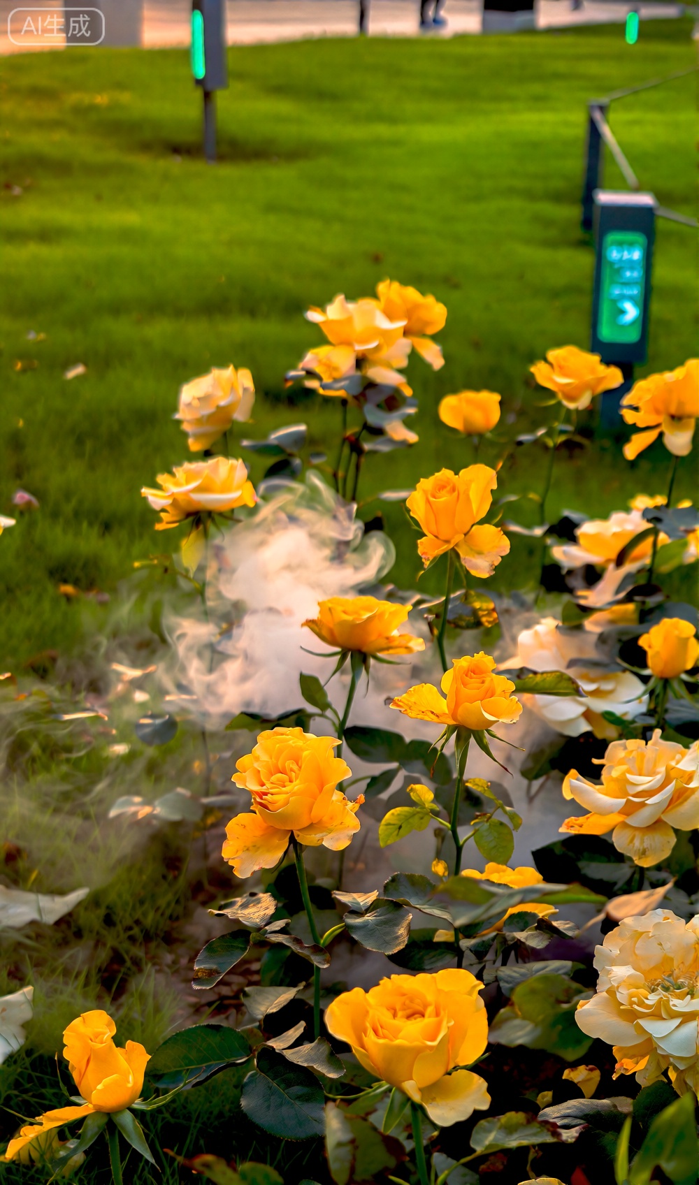 黄昏,草地,黄色的玫瑰花竞相开放,烟雾在花间缭绕,绿色发光指示牌。画面简约干净,光线柔和均匀,营造出宁静、治愈的氛围。采用浅景深拍摄,主体清晰,表现玫瑰丰富的细节。8K画质,艺术摄影,高清细节,高分辨率。