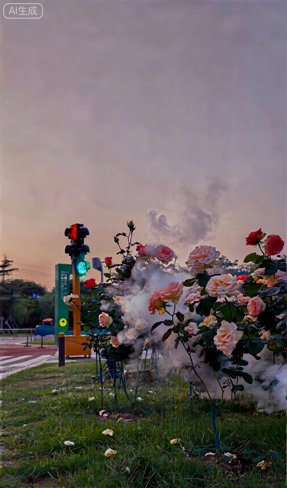 黄昏,草地,玫瑰花竞相开放,烟雾在花间缭绕,红色信号灯,绿色发光指示牌。画面简约干净,光线柔和均匀,营造出宁静、治愈的氛围。采用浅景深拍摄,主体清晰,表现玫瑰丰富的细节。8K画质,艺术摄影,高清细节,高分辨率。