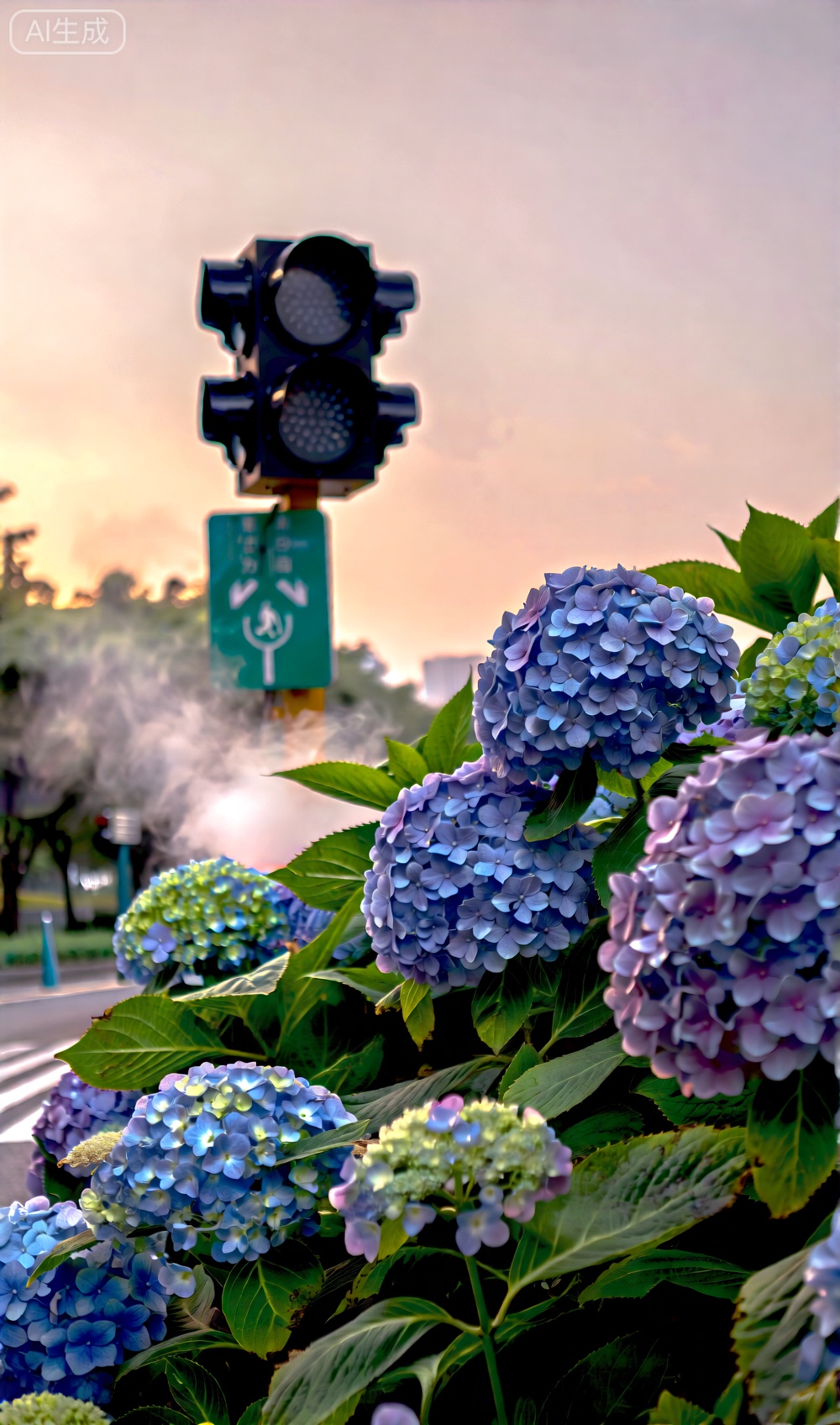黄昏,绣球花丛,烟雾,信号灯,绿色指示牌画面简约干净,光线柔和均匀,营造出宁静、治愈的氛围。采用浅景深拍摄,主体清晰,表现绣球花丰富的细节。8K画质,艺术摄影,高清细节,高分辨率。